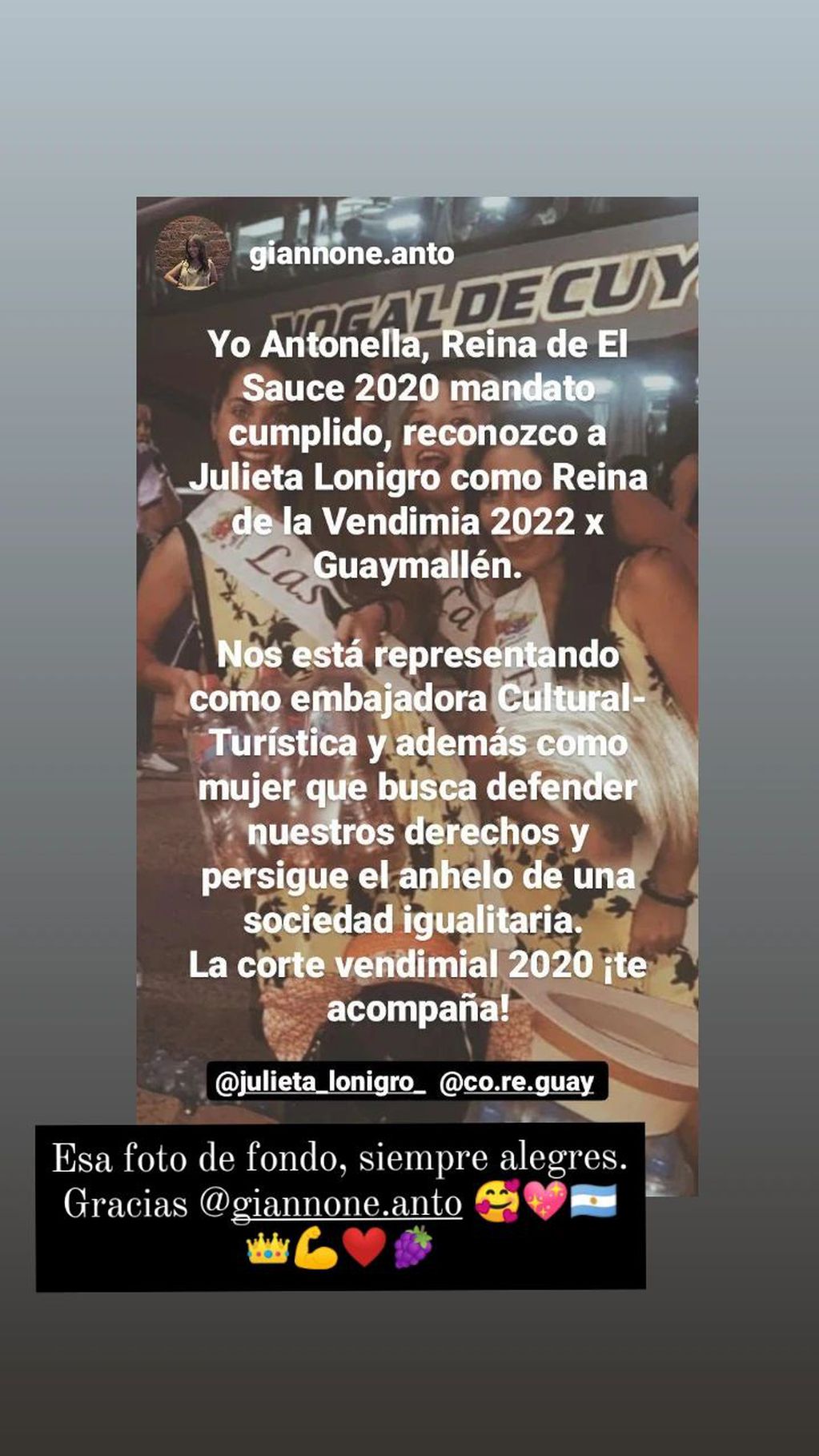 Las reinas distritales 2020 apoyan a Julieta Lonigro como reina departamental de Guaymallén 2022.