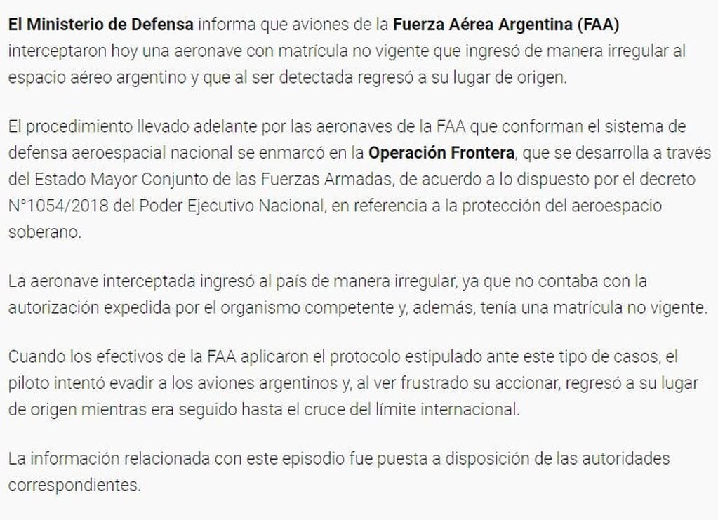 Comunicado del Ministerio de Defensa sobre la persecución a una avioneta ilegal en territorio argentino. Fuente: Ministerio de Defensa de la Nación.