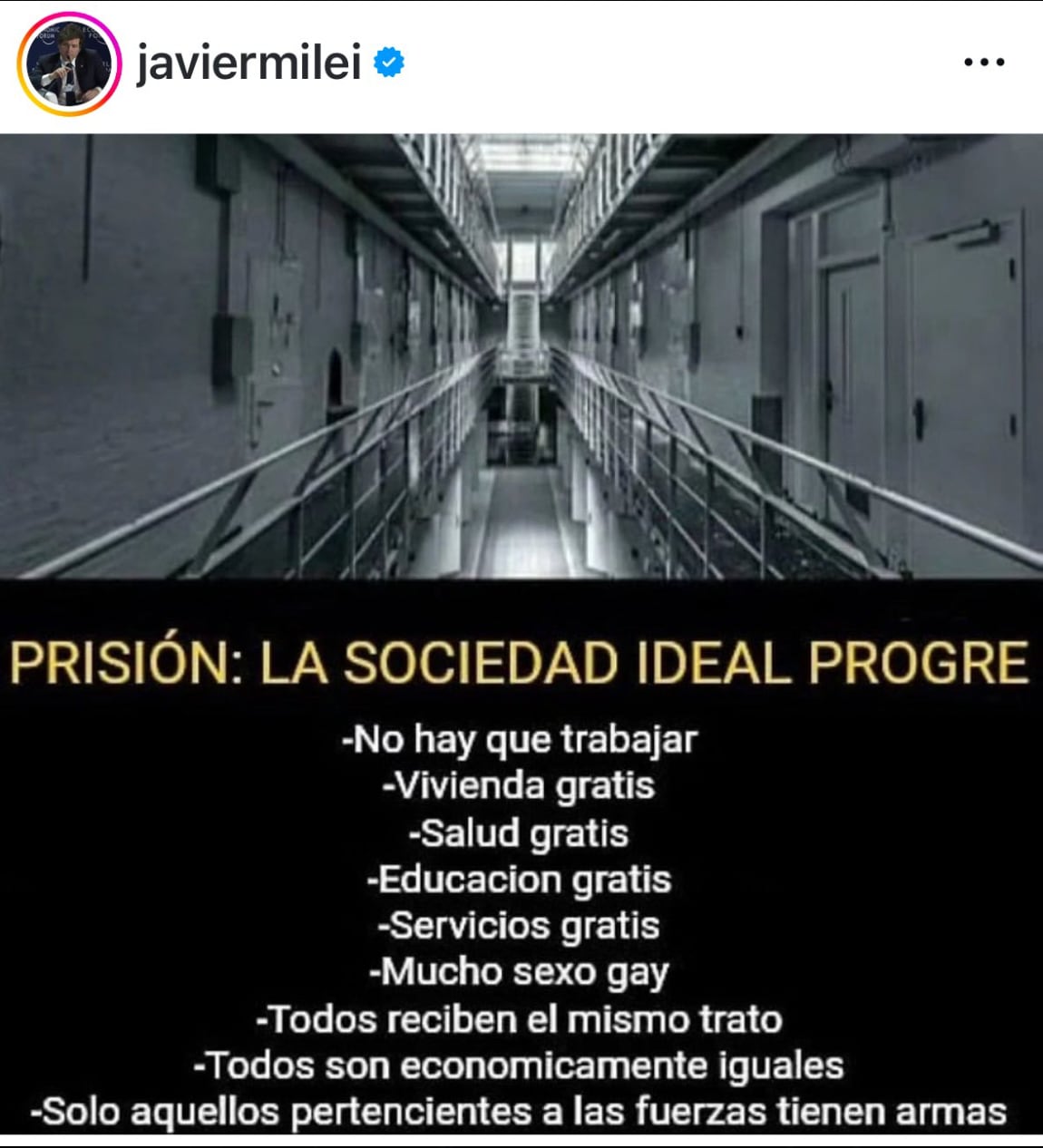 La publicación de Javier Milei en Instagram que generó polémica. (Foto: captura de pantalla de Instagram)