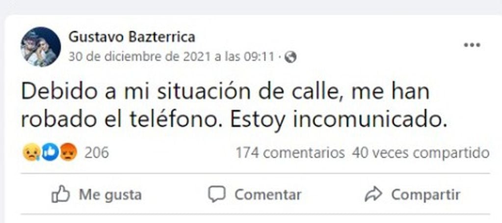 Gustavo Bazterrica denunció que le robaron el celular.