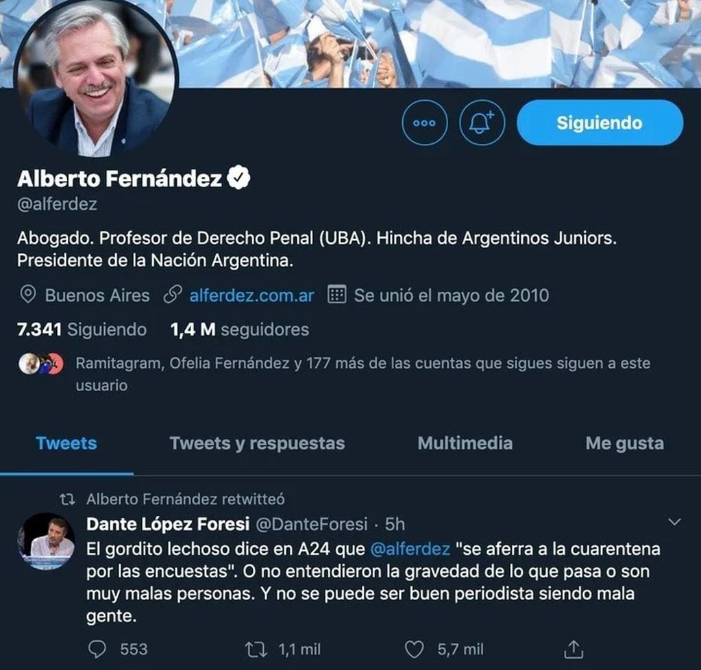 El "retuit" de Alberto Fernández (Twitter)