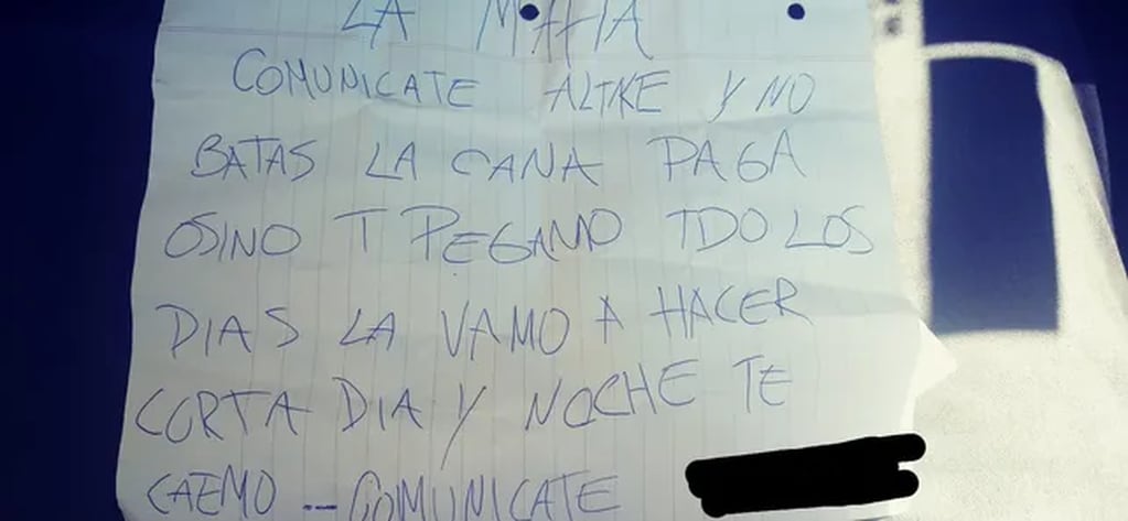 La nota que dejaron al dueño del kiosco, firmada por "La Mafia"