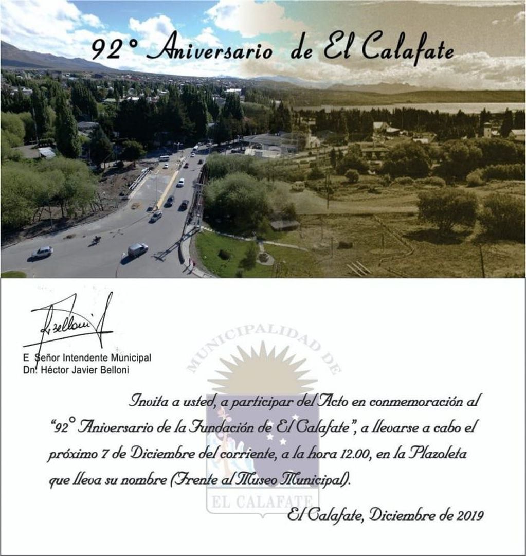 Invitacion al acto aniversario por los 92 años desde la creación de El Calafate
