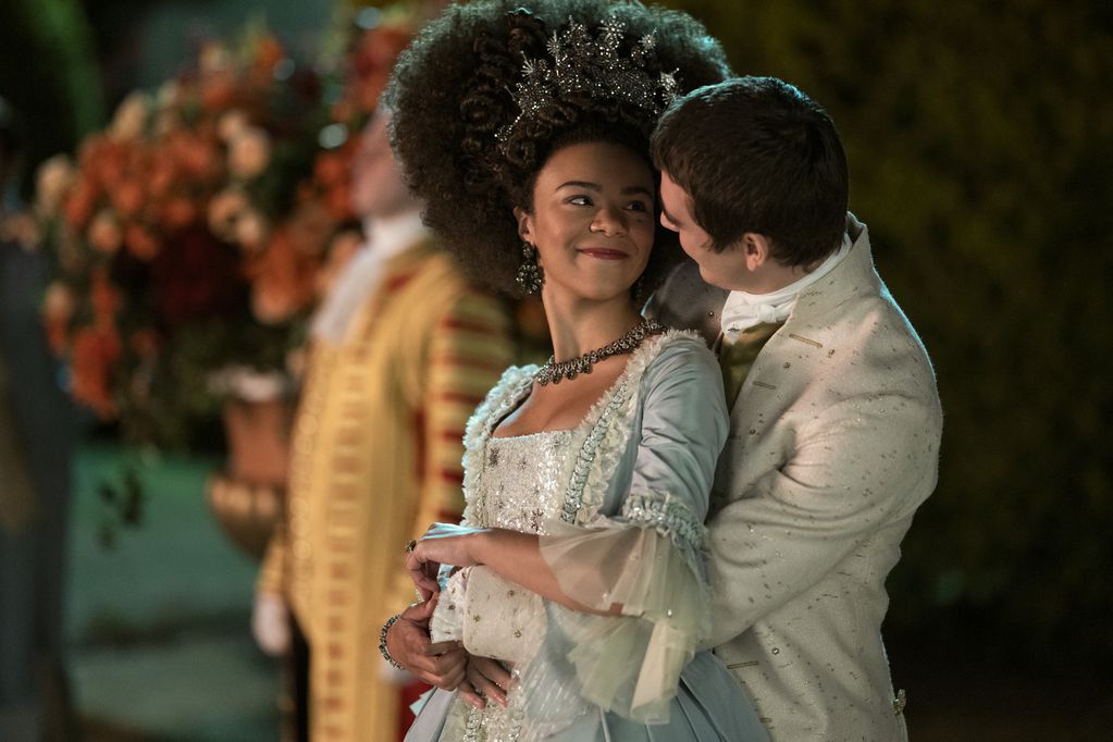 Queen Charlotte: A Bridgerton Story. (L to R) India Amarteifio as Young Queen Charlotte, Corey Mylchreest as Young King George in episode 106 of Queen Charlotte: A Bridgerton Story. Cr. Nick Wall/Netflix © 2023