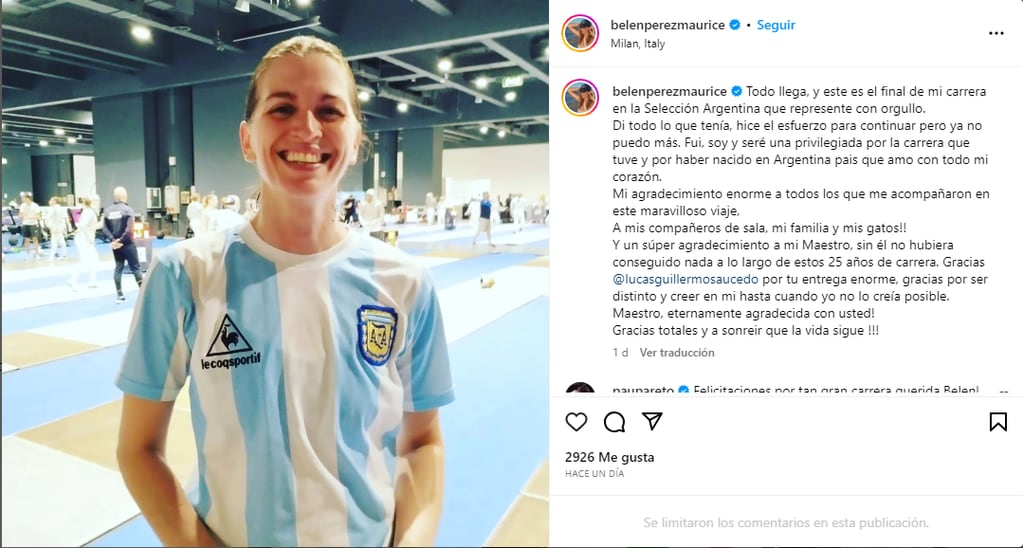 Posteo de Belen Perez Maurice en Instagram anunciando su retiro