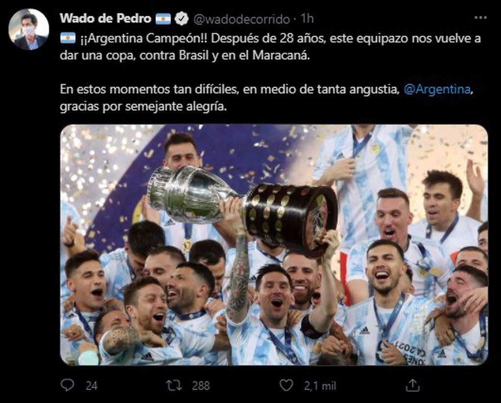 El ministro del interior le dedicó unas palabras a Argentina en su Twitter.