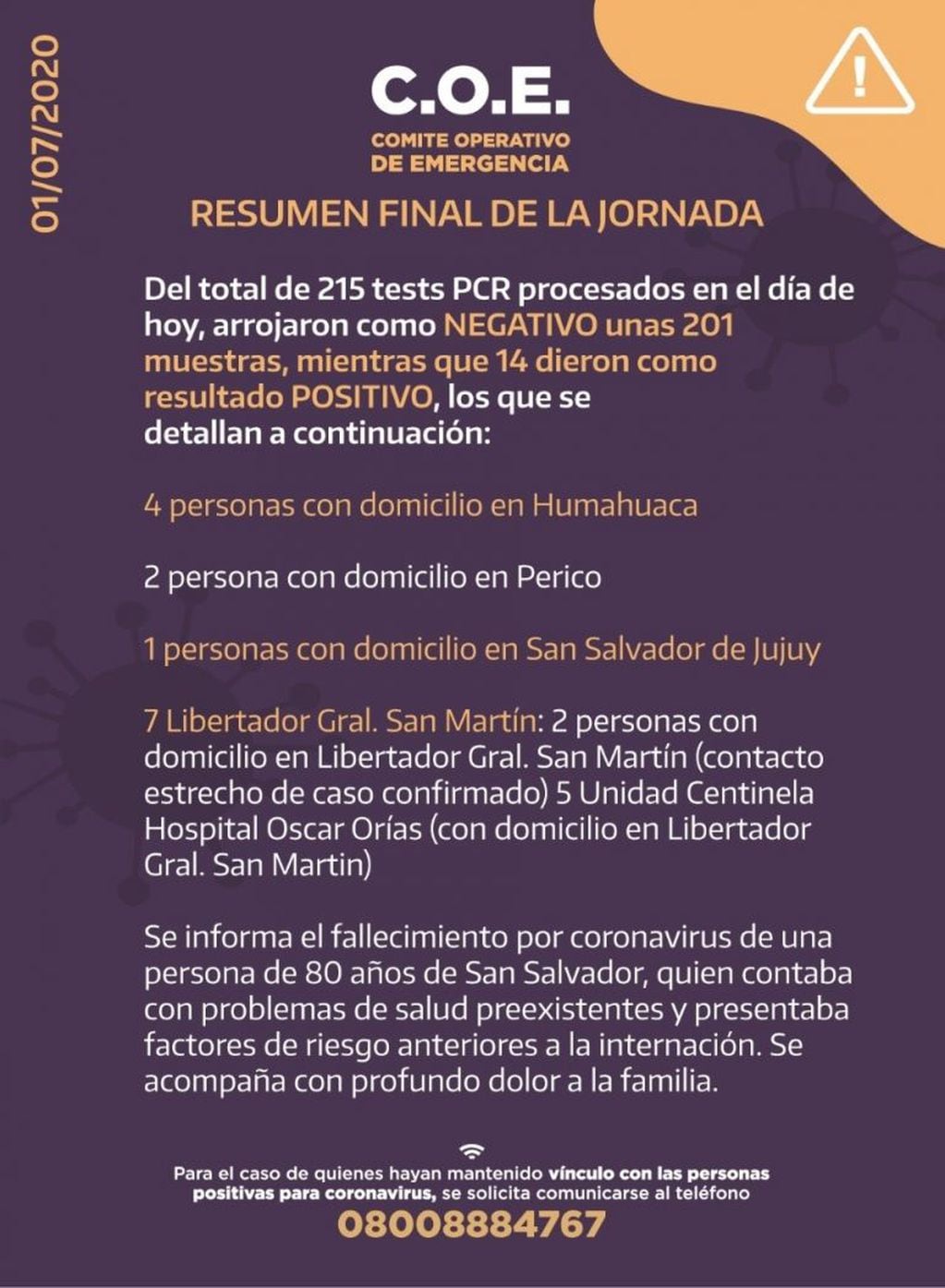 El reporte del COE Jujuy correspondiente a la jornada del miércoles 1 de julio.