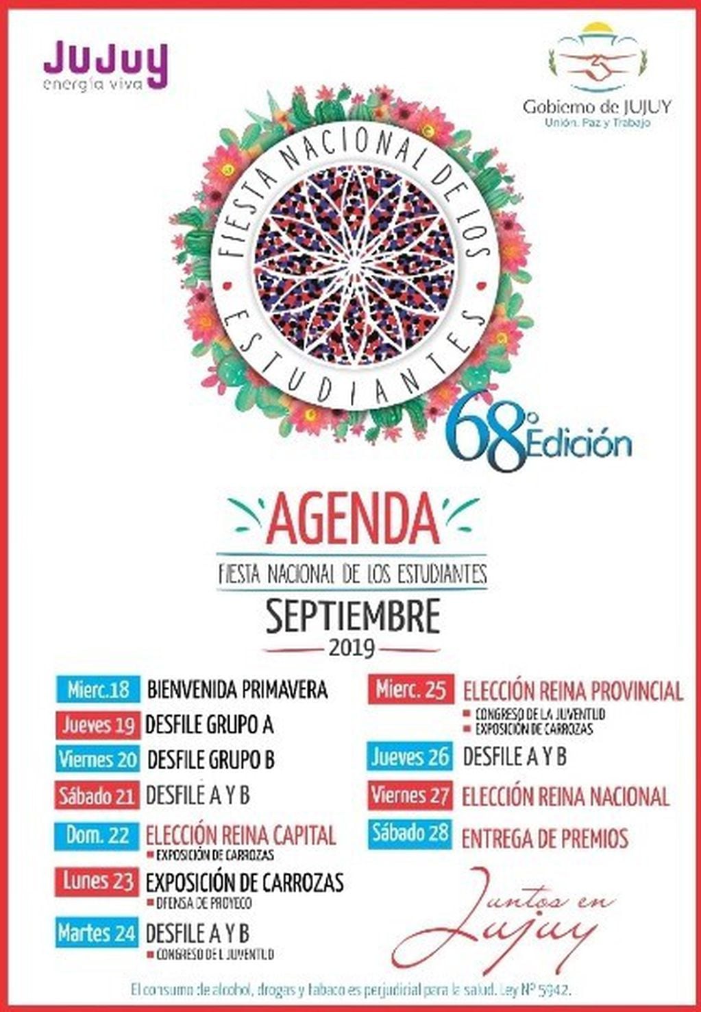 Calendario oficial de la Fiesta Nacional de los Estudiantes 2019, en Jujuy