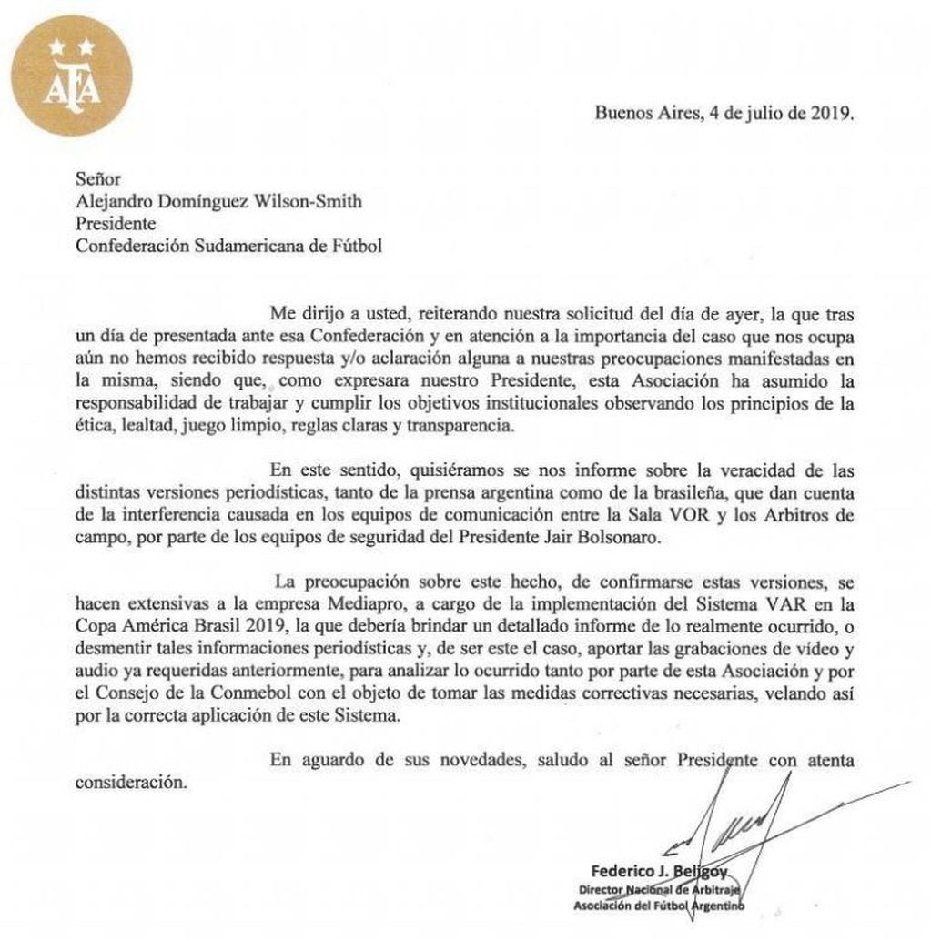 La segunda carta de la AFA a la Conmebol en reclamo por el arbitraje en el Argentina-Brasil por una de las semifinales de la Copa América 2019.