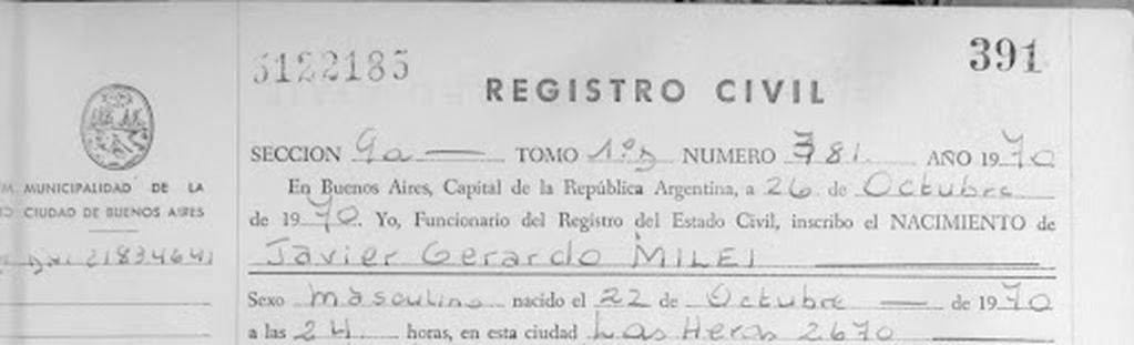 Fragmento de la partida de nacimiento de Javier Milei, capturado el 10 de octubre de 2023.
