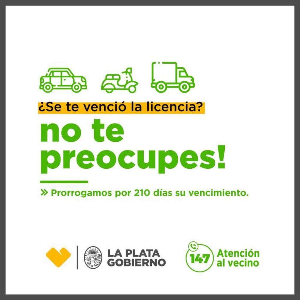 La prórroga es para los vencimientos de licencias que se den entre el 15 de febrero y el 31 de agosto de 2020 (Municipalidad de La Plata)