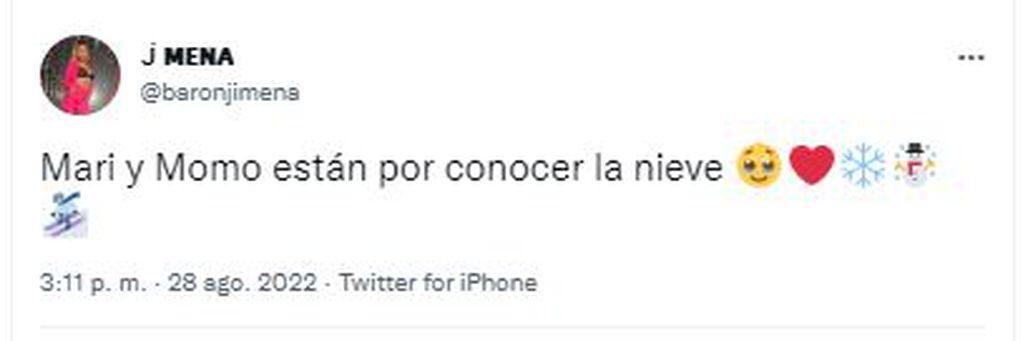 El tweet de Jimena Barón previo a que Momo y Mari conozcan la nieve.
