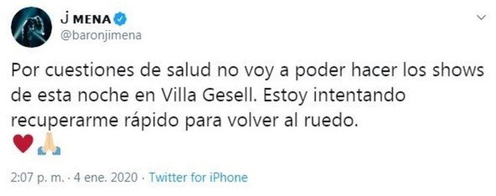 El mensaje de Jimena Barón (Twitter/@baronjimena)