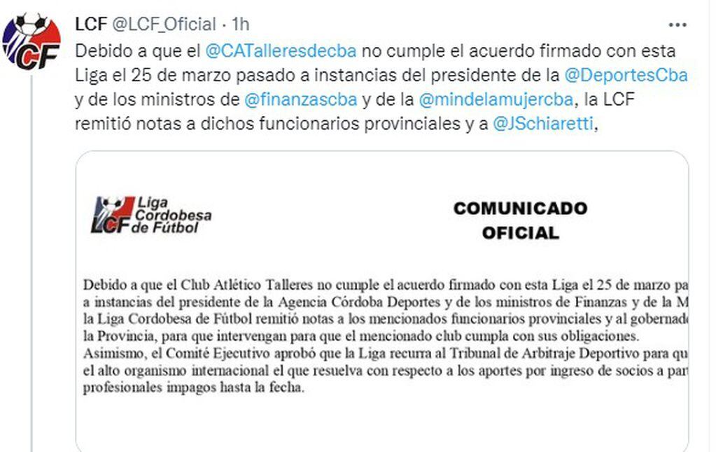 La Liga volvió a reclamar contra Talleres y recurrirá al TAS.
