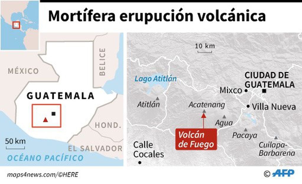 Mapa de Guatemala localizando el volcán de Fuego, cuya erupción provocó decenas de muertos - AFP / AFP