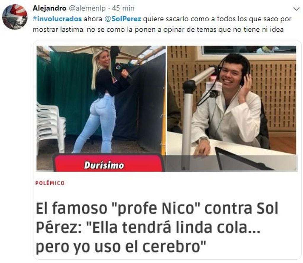 Los usuarios tomaron partido en Twitter en el marco del cruce entre Sol Pérez y el "Profe Nico" en Involucrados