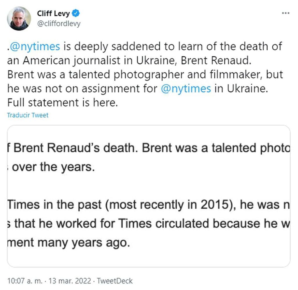 The New York Times lamentó la muerte del periodista Brent Renaud a manos de Rusia en la guerra con Ucrania