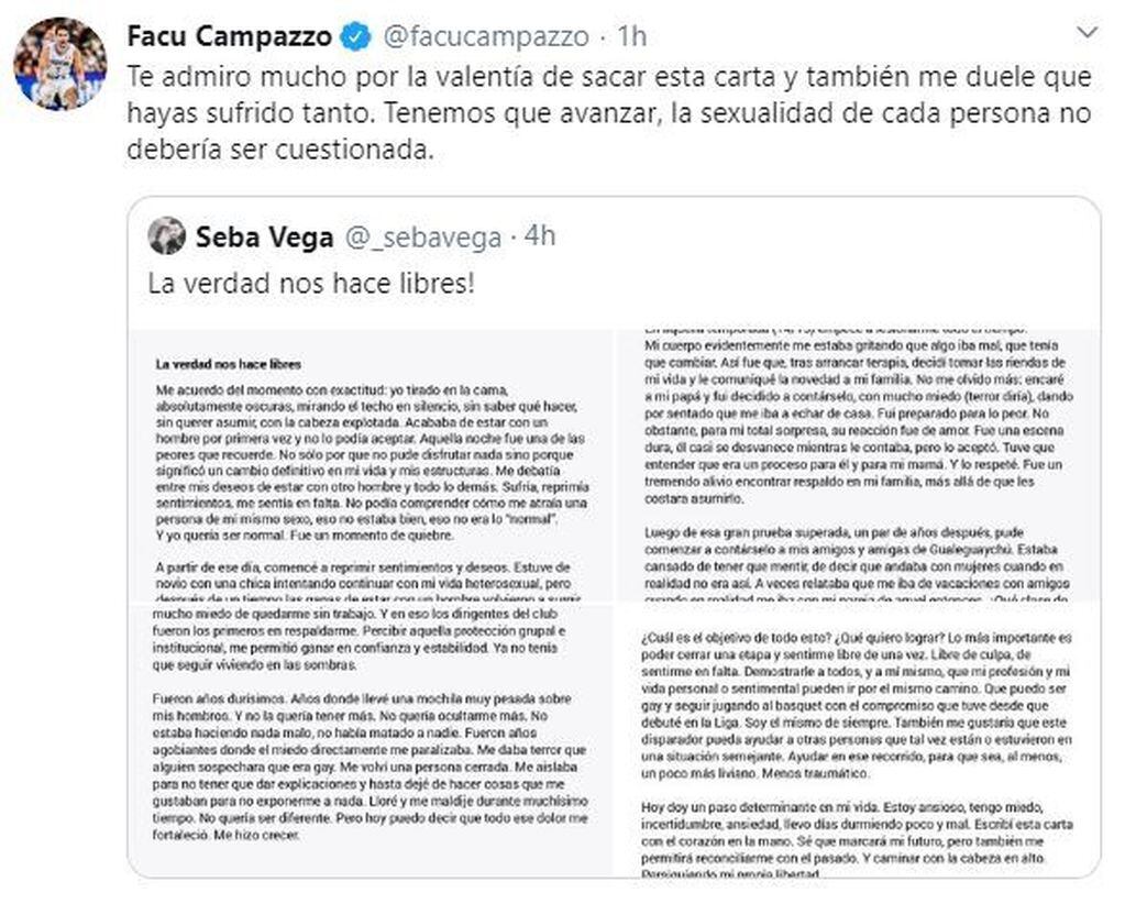 Las palabras de Facundo Campazzo a Sebastián Vega. (Twitter)