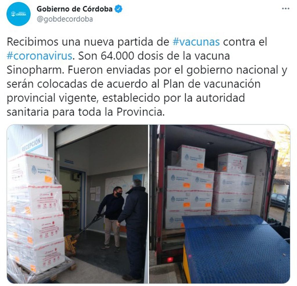 A través de las redes sociales Córdoba anunció la llegada de un nuevo lote de vacunas Sinopharm.