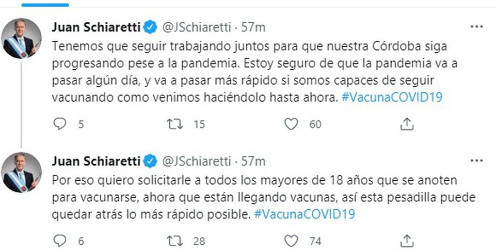 En dos tweets, Juan Schiaretti invitó a los mayores de 18 a que se vacunen.