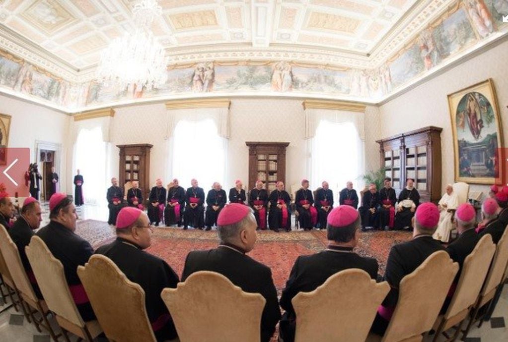 Los 31 obispos del NEA, Litoral y región platense fueron recibidos por el Papa Francisco en la Biblioteca del Palacio Papal. (CEA)