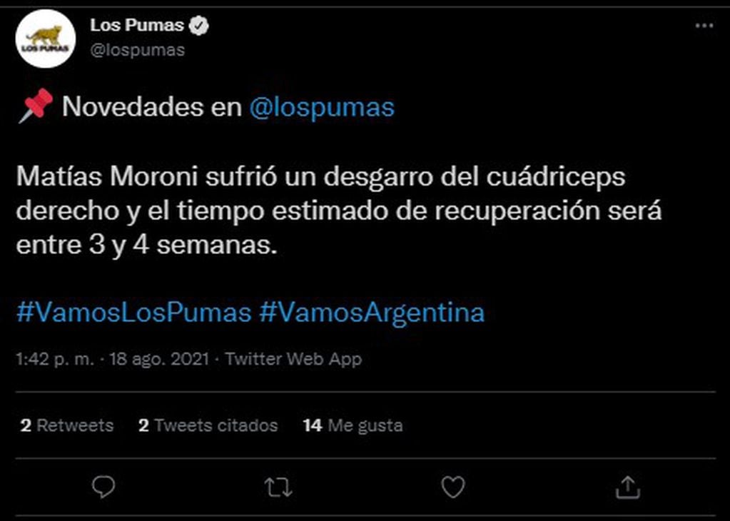 Los Pumas pierden a Matías Moroni para el partido del sábado.