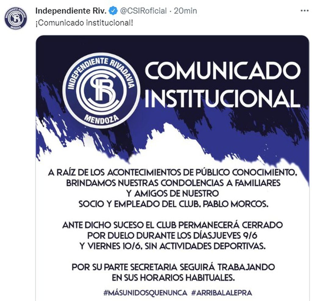 Comunicado de Independiente Rivadavia.
