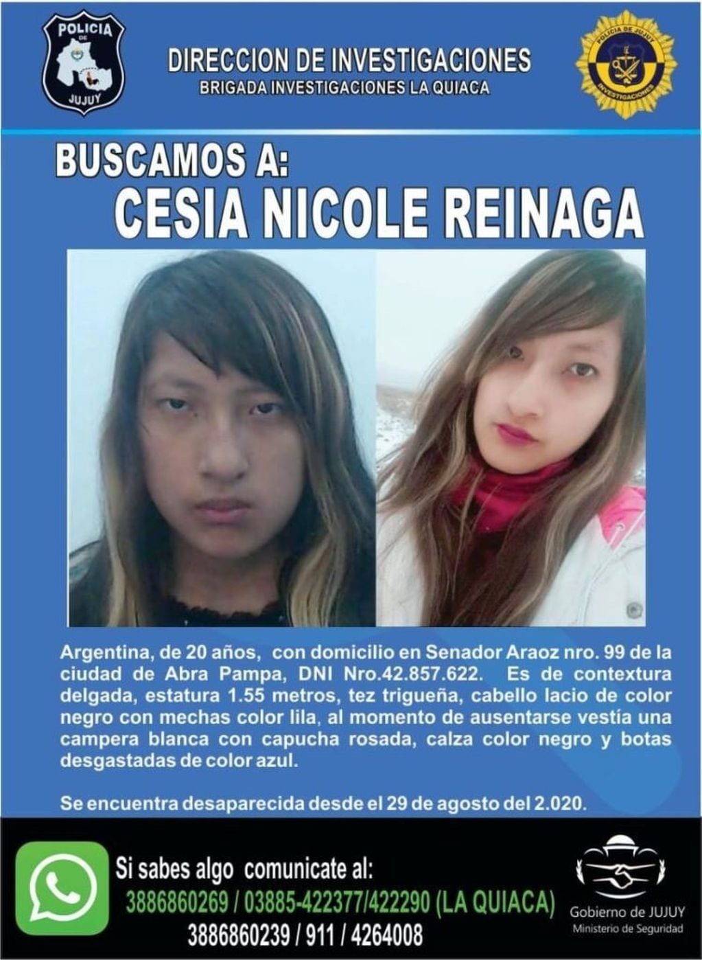 Nicole Reinaga salió de su casa en Abra Pampa hace nueve días y no regresó. Policías y familiares la buscan desde entonces.