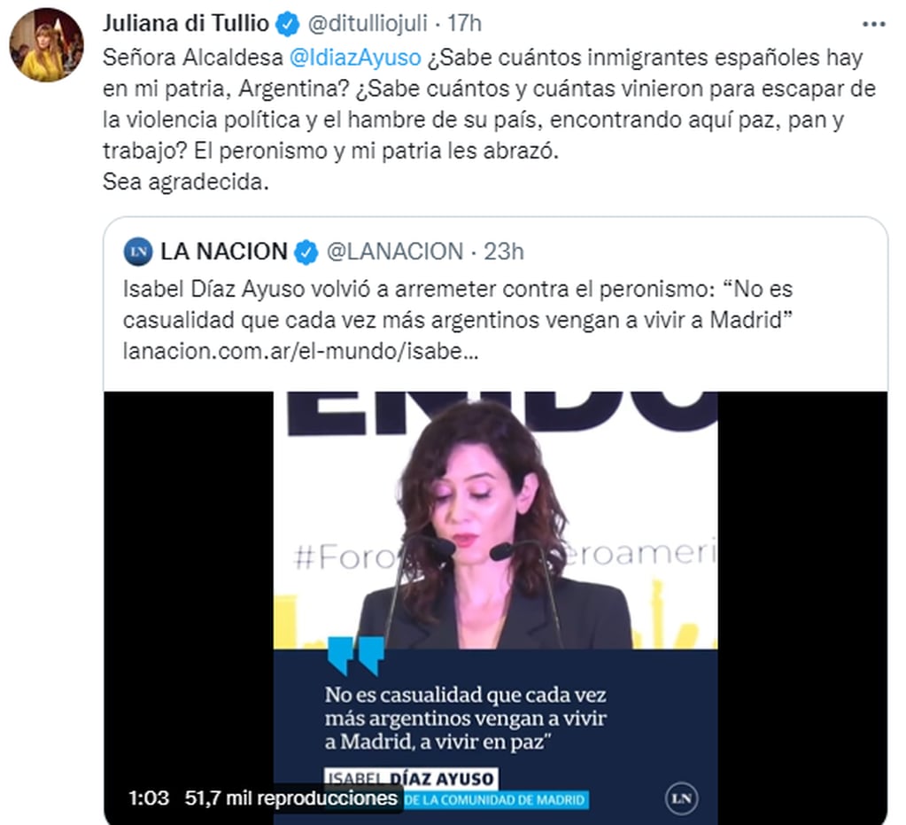 Juliana Di Tullio apuntó contra la alcaldesa de Madrid.