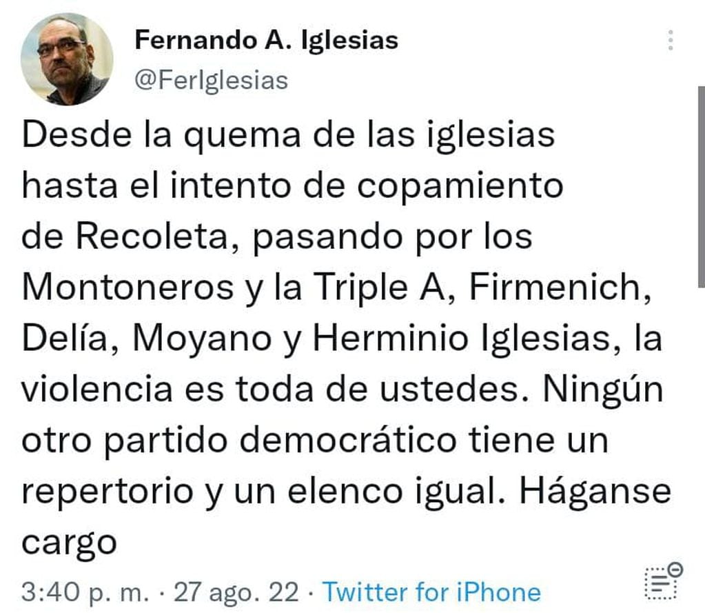 Fernando Iglesias criticó la manifestación kirchnerista en defensa de Cristina Kirchner