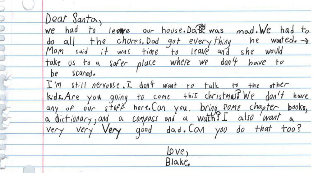 La carta que escribió Blake en la que le pidió un papá "muy muy muy bueno" a Papá Noel (Foto: Facebook/ Safe Haven)