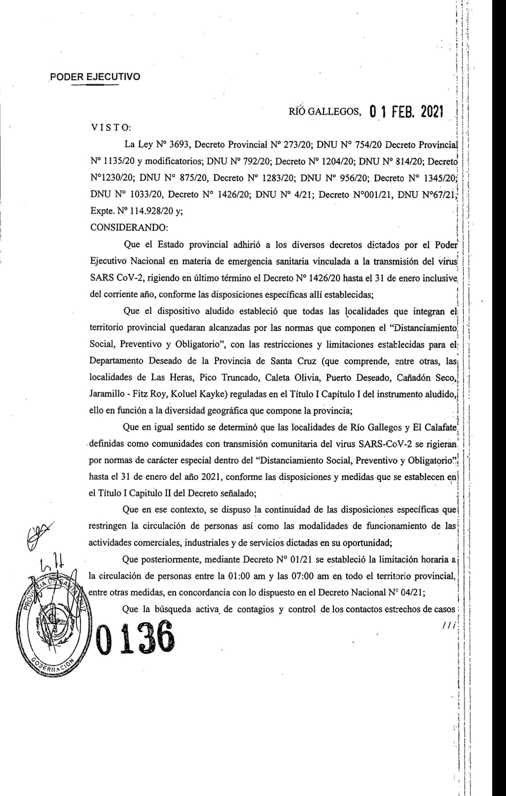 Decreto Provincial N°136/21