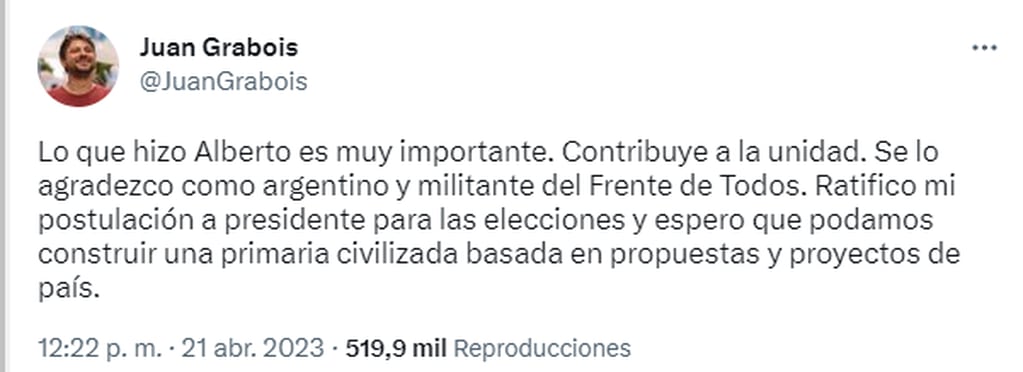 Juan Grabois sobre la no reelección de Alberto Fernández.