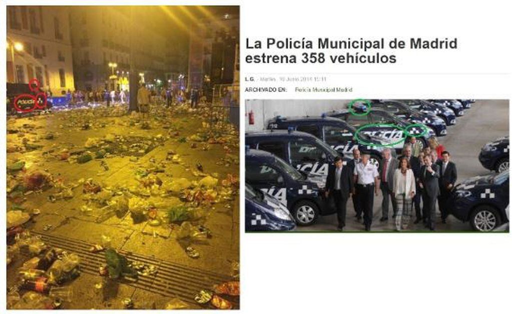 Montaje realizado el 16 de septiembre de 2019 con la imagen que se viralizó en redes (izquierda) y los vehículos de la Policía de Madrid (derecha).