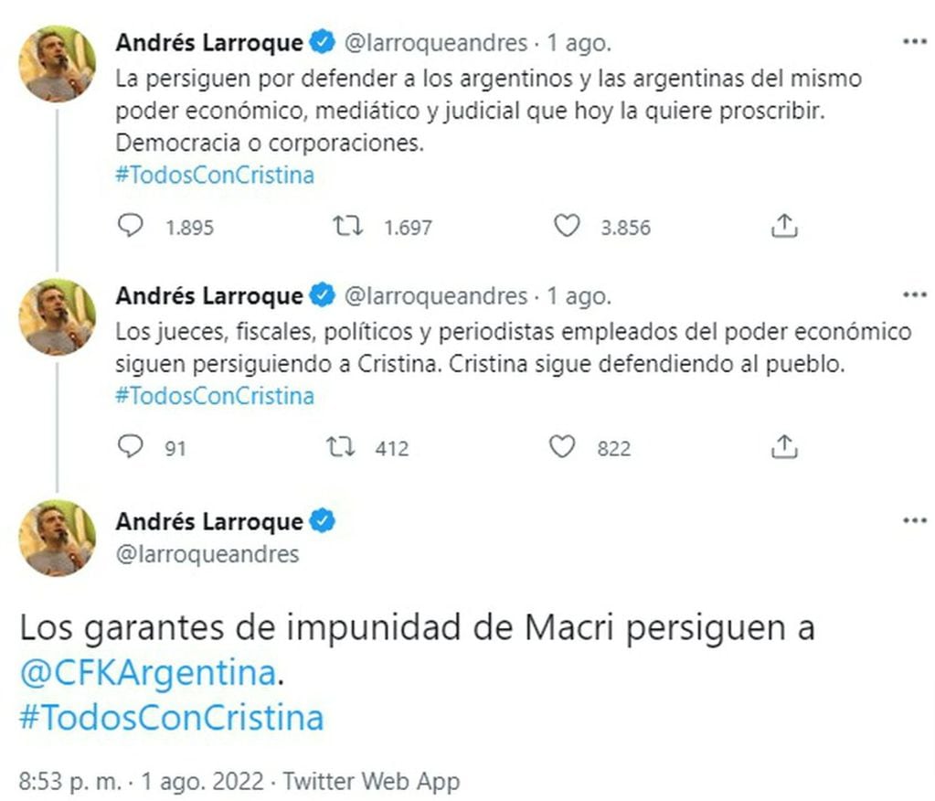 Los tweets de referentes de La Cámpora en defensa de Cristina Kirchner.