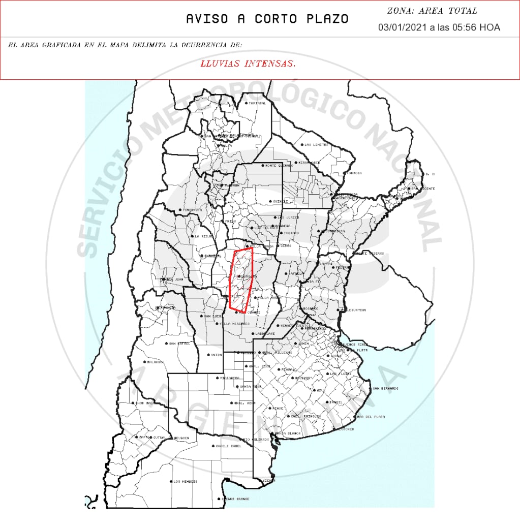 Rige un alerta por "lluvias intensas" que abarca diversos departamentos de Córdoba, entre ellos, Punilla.