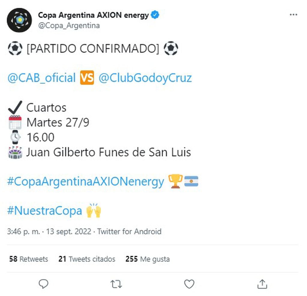 Confirmación del partido de Copa Argentina de Banfield vs Godoy Cruz.