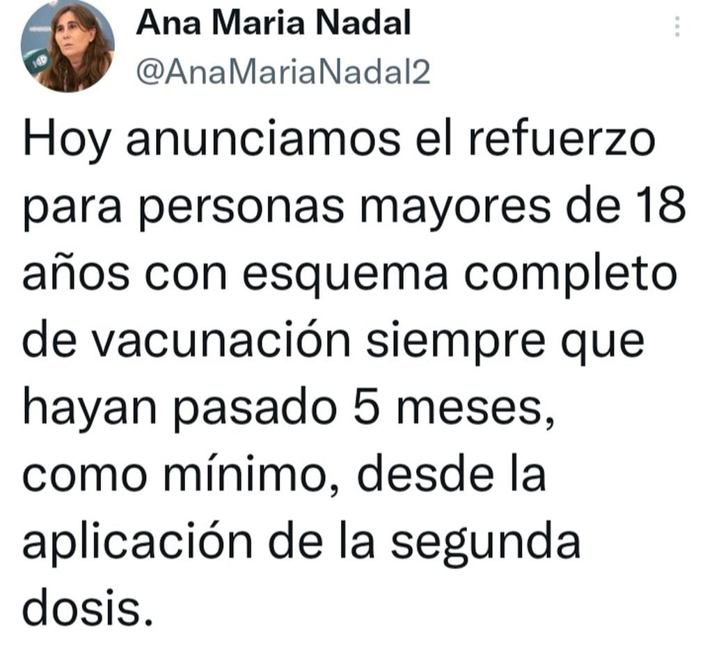 Ana María Nadal anunció por su cuenta de Twitter el refuerzo para mayores de 18 años.