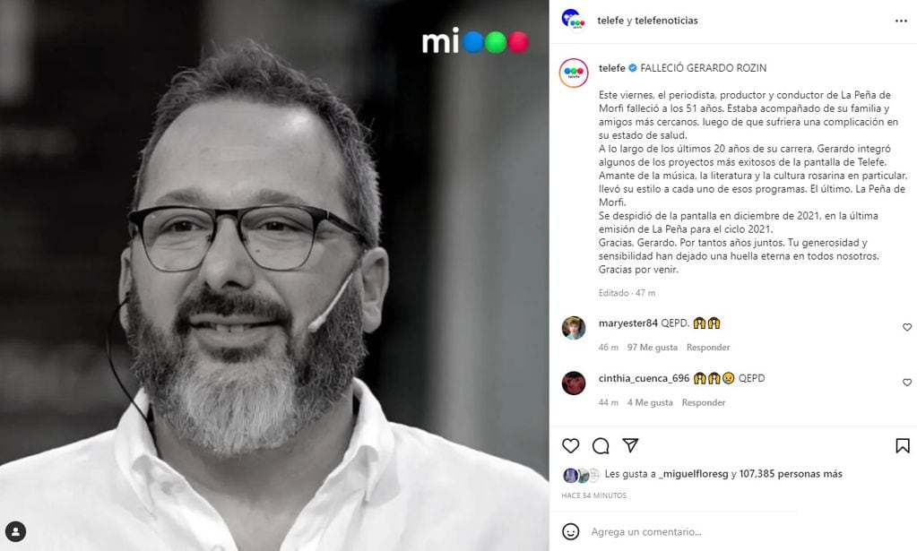 El sentido comunicado de Telefe por la muerte de Gerardo Rozín.