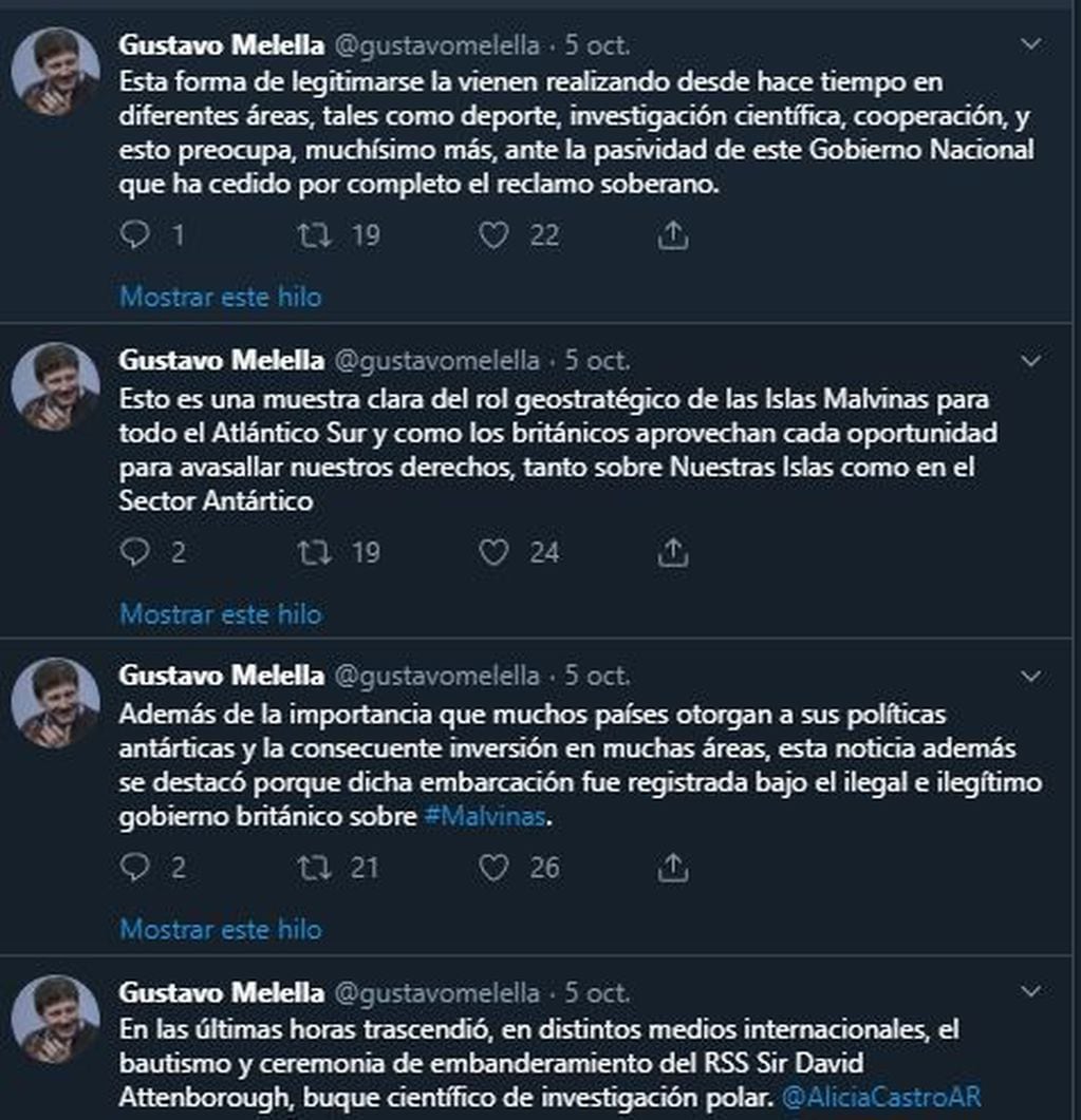 Mellela se expresó en Twitter ante los derechos soberanos de Malvinas.