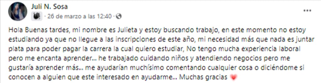 La publicación que realizó Julieta en Facebook.