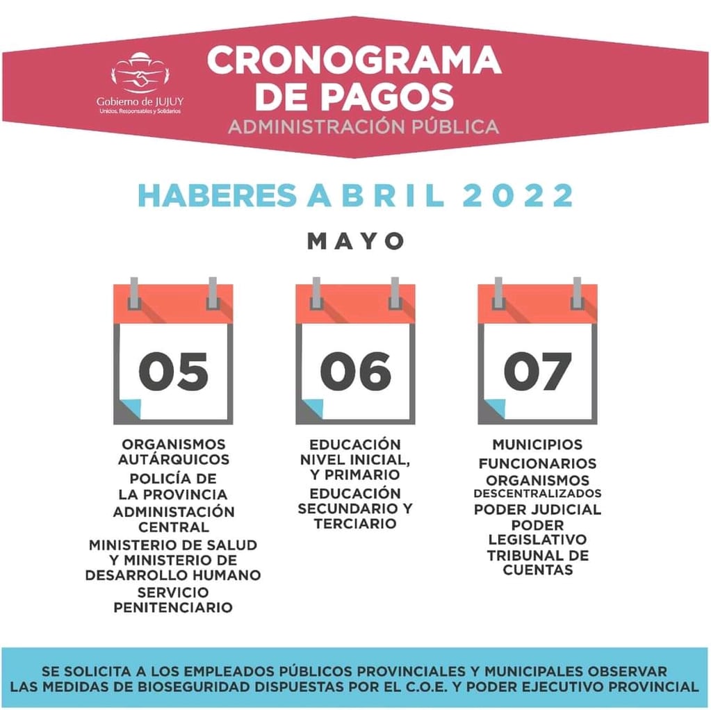 El cronograma de pagos distribuido a los medios este viernes por canales oficiales del Gobierno de Jujuy.