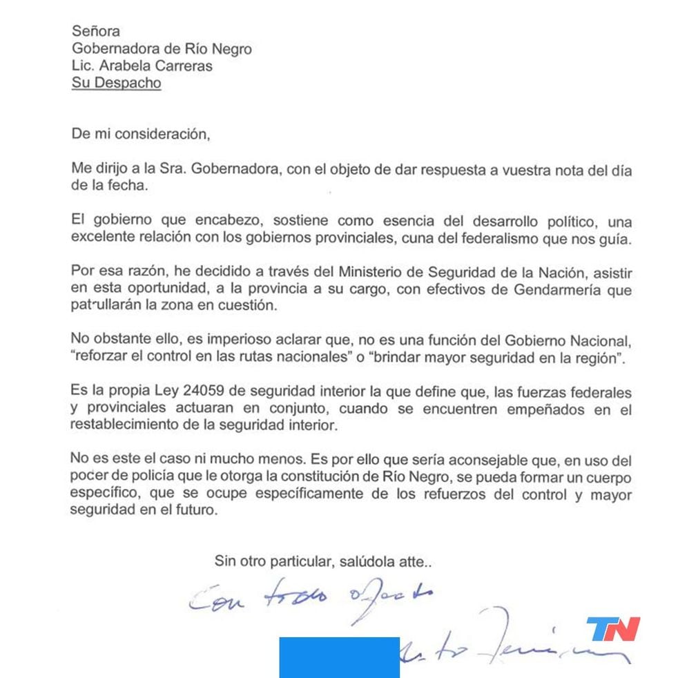 Conflicto con Mapuches en Río Negro. La carta que el presidente Alberto Fernández le envió a la gobernadora Arabela Carreras.