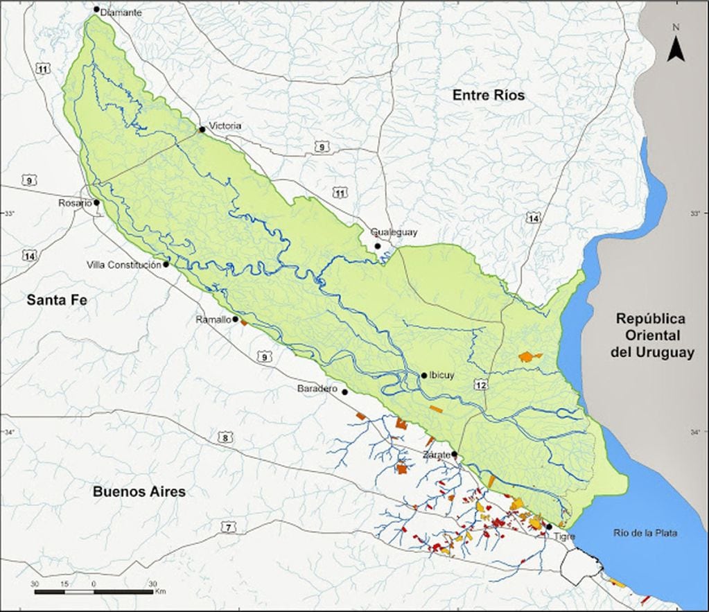 La región del delta del río Paraná abarca una superficie aproximada de 17.500 km2.