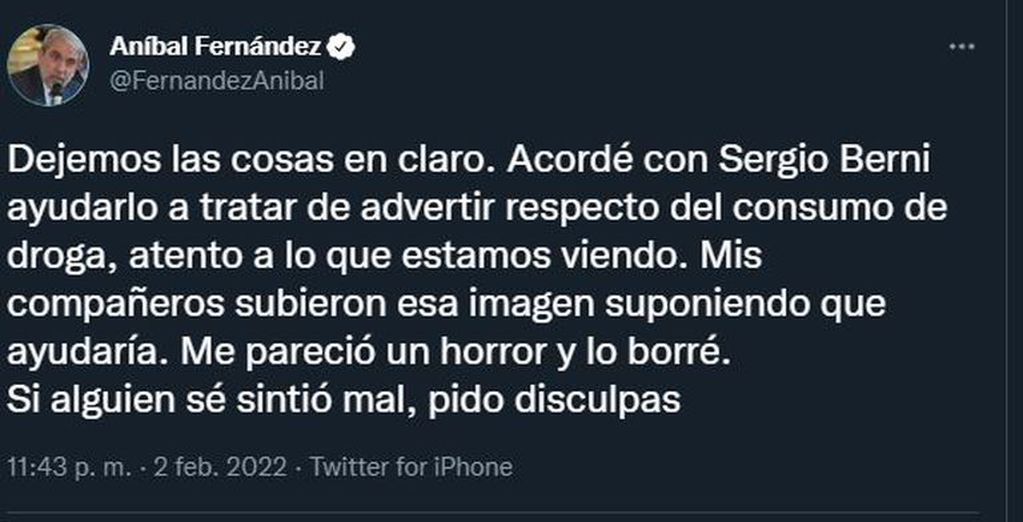 El tuit de Aníbal Fernández que desató la polémica con Sergio Berni