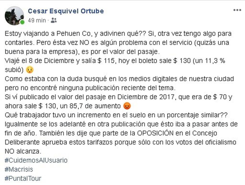 César Esquivel Ortube se expresó en Facebook