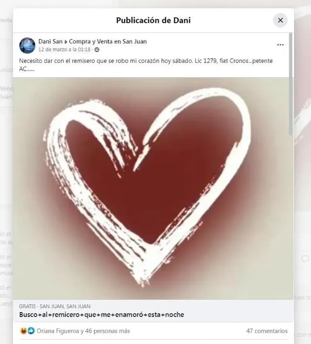 La publicación en Facebook que se hizo viral de la sanjuanina en busca del remisero del que se enamoró.