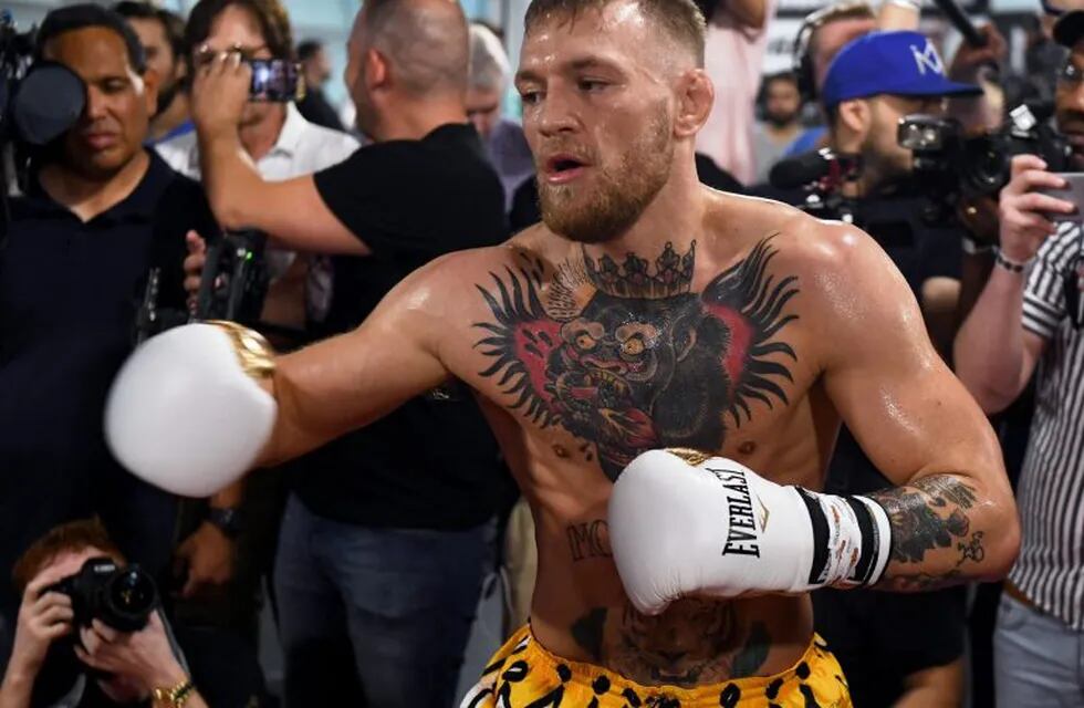 LAS VEGAS, NV - AUGUST 11: UFC lightweight champion Conor McGregor holds a media workout at the UFC Performance Institute on August 11, 2017 in Las Vegas, Nevada. McGregor will fight Floyd Mayweather Jr. in a boxing match at T-Mobile Arena on August 26 in Las Vegas.   Ethan Miller/Getty Images/AFP\n== FOR NEWSPAPERS, INTERNET, TELCOS & TELEVISION USE ONLY ==