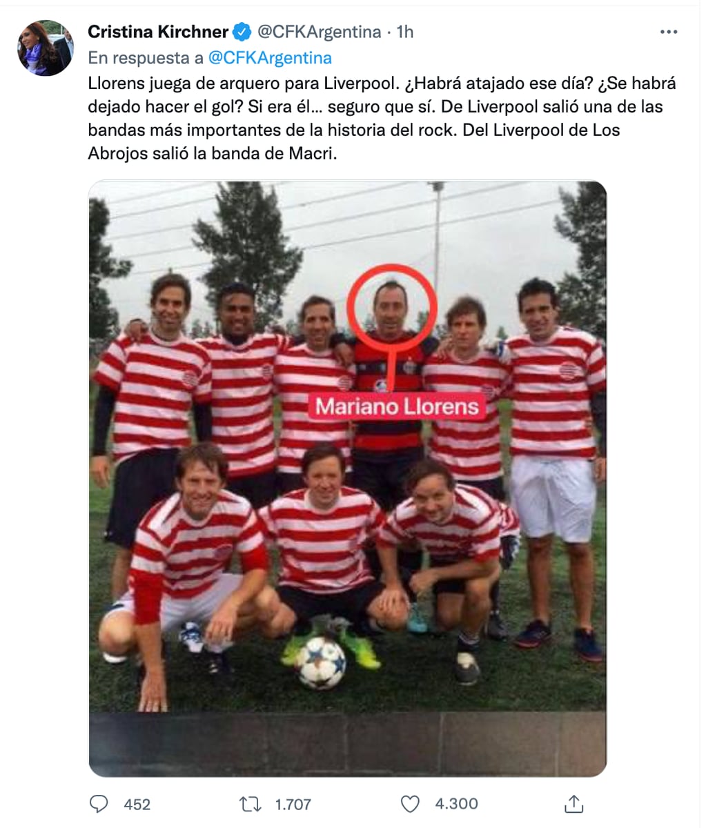 El tuit que señala a Mariano Llorens como integrante del equipo de fútbol.