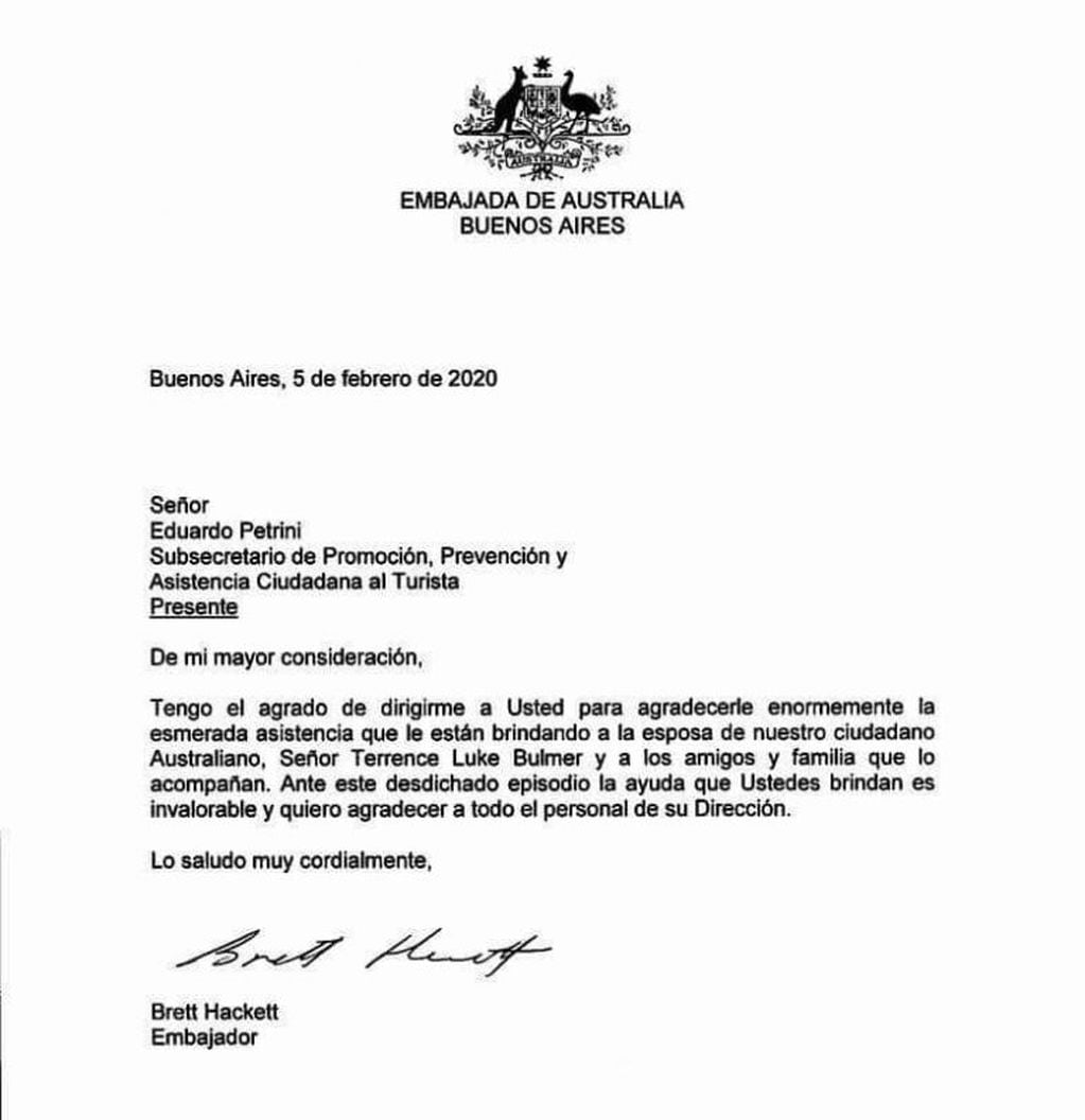 La nota enviada por la embajada australiana a la Ciudad. (crédito: Gobierno de la Ciudad)